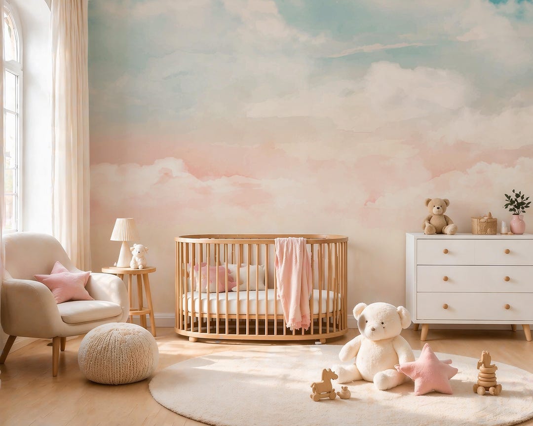 Kids Pastel Sky Cloud Wallpaper | Soft Watercolor Sky Wall Mural | Peel ...