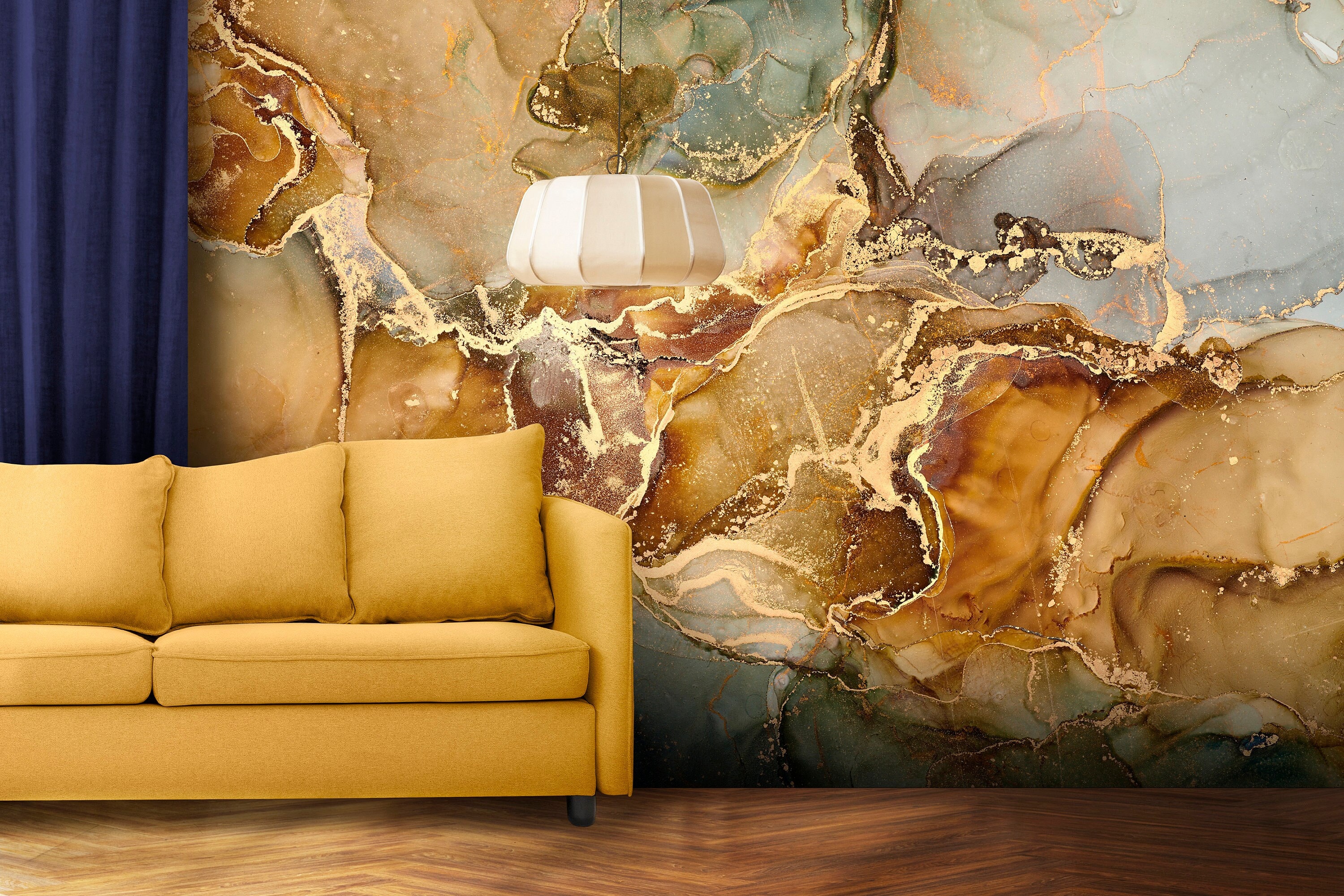 Green Marble With Golden Splash Wallpaper, Gold Veins Wall Mural