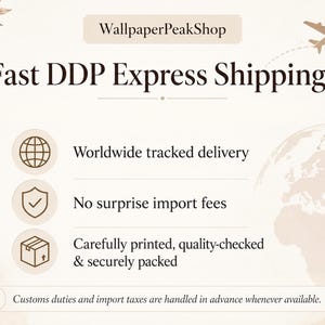 以下が含まれることがあります： WallpaperPeakShopのベージュ色の情報グラフィック。茶色のテキストとアイコンが特徴です。Fast DDP Express Shipping、Worldwide tracked delivery、No surprise import fees、Carefully printed, quality-checked & securely packedというテキストが表示されています。