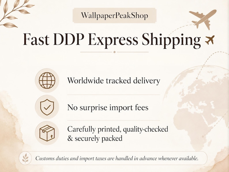 以下が含まれることがあります： WallpaperPeakShopのベージュ色の情報グラフィック。茶色のテキストとアイコンが特徴です。Fast DDP Express Shipping、Worldwide tracked delivery、No surprise import fees、Carefully printed, quality-checked & securely packedというテキストが表示されています。
