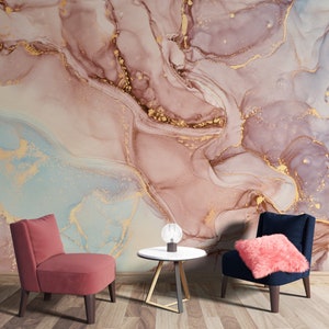Papel pintado de mármol rosa y dorado / Mural de pared de arte abstracto / Papel pintado Peel and Stick imagen 5