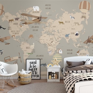 Papel tapiz con mapa para niños, Mural de pared con mapa del mundo político, globo aerostático, cubierta de pared para animales, habitación infantil imagen 4