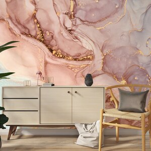 Papel pintado de mármol rosa y dorado / Mural de pared de arte abstracto / Papel pintado Peel and Stick imagen 7