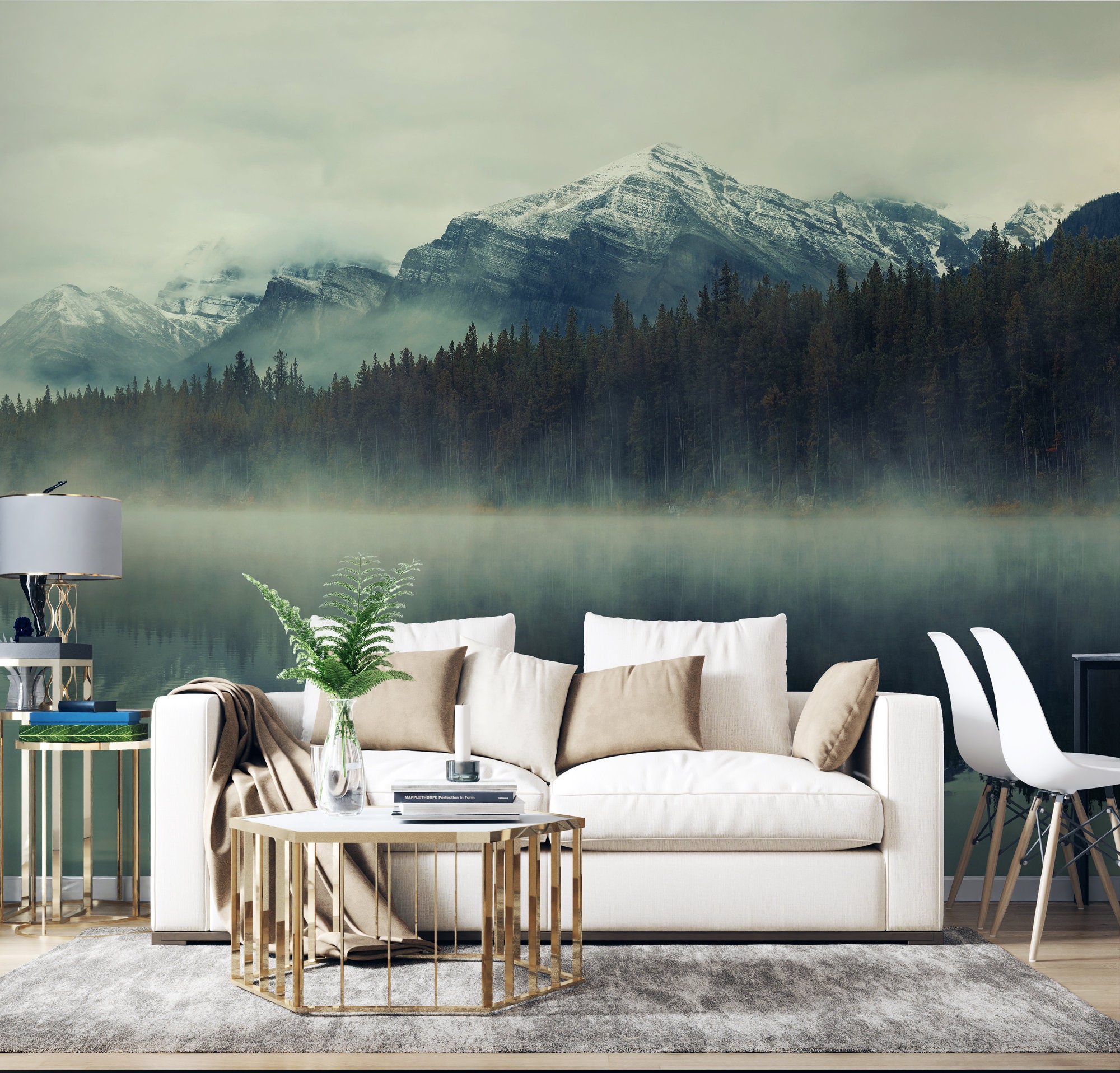 Landscape Wallpaper Peel and Stick | Foggy Mountain Wall Mural