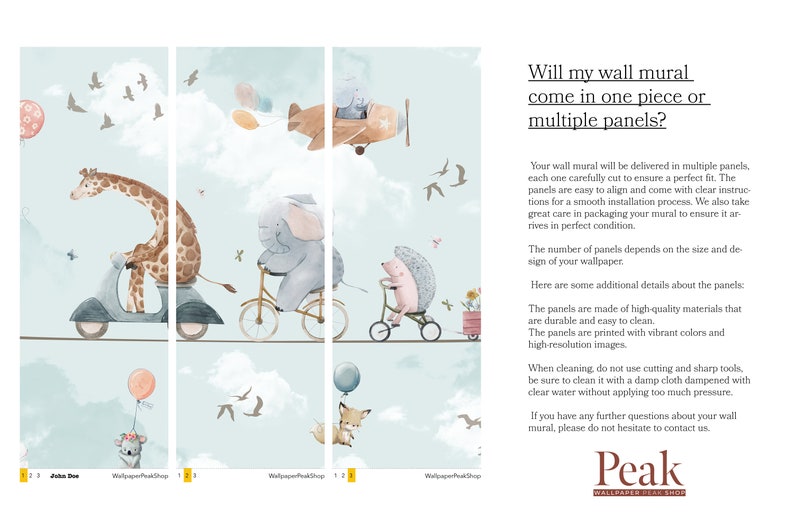 May include: A colorful wall mural featuring animals riding on scooters, bicycles, and a plane. The mural is printed on high-quality materials and comes in multiple panels. The text on the image reads "Will my wall mural come in one piece or multiple panels?" and "Peak Wallpaper & Gear Shop."