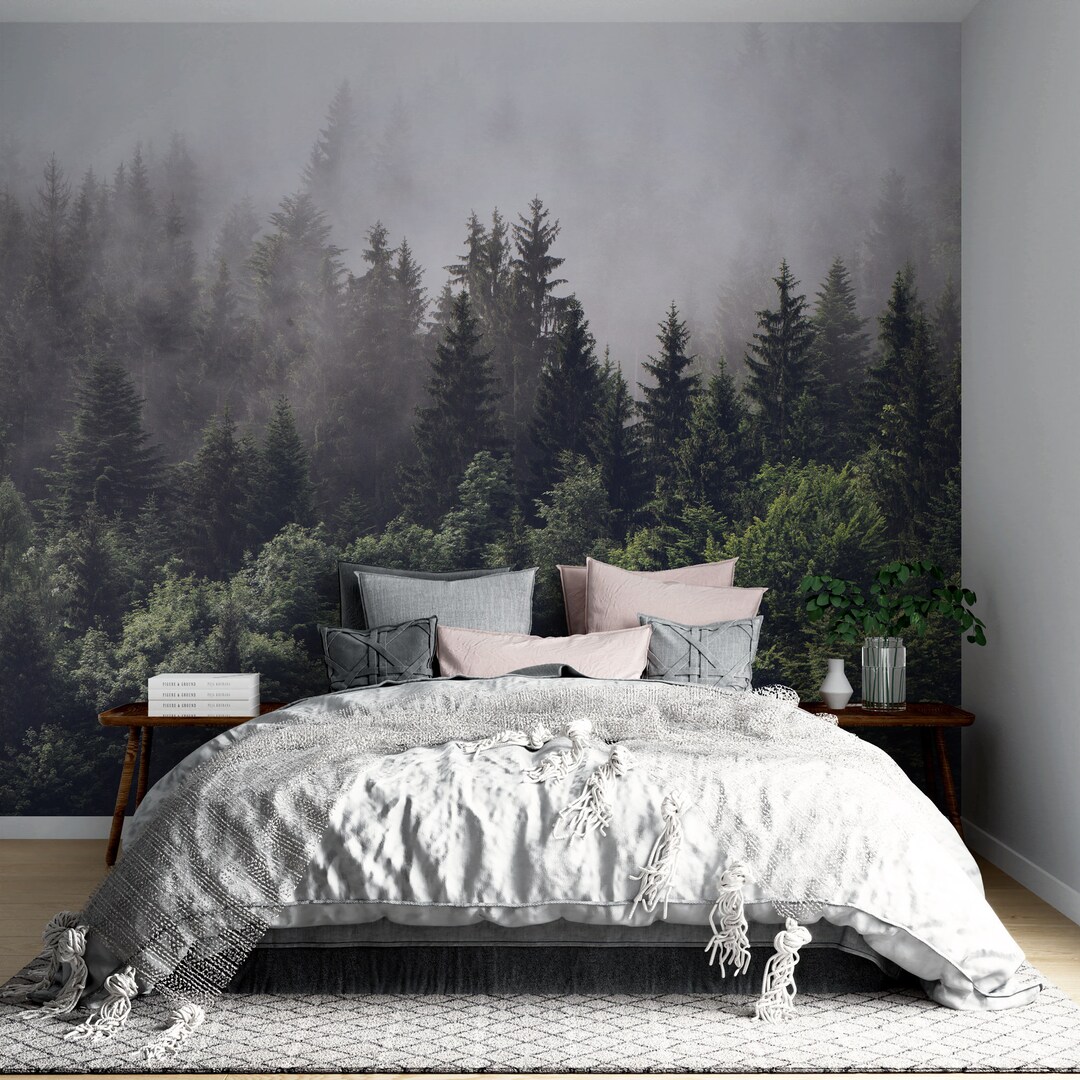 Misty Pine Forest Wallpaper | Moody Nature Wall Mural | Removable Peel ...