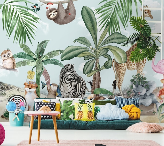 Kids Wallpaper Peel And Stick Safari Animal Wallpaper Etsy
