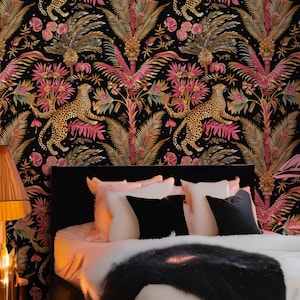 May include: Wallpaper featuring a repeating pattern of leopards, palm trees, and pink flowers on a black background. The design includes detailed illustrations of spotted leopards amidst tropical foliage, vibrant pink fronds, and floral elements.