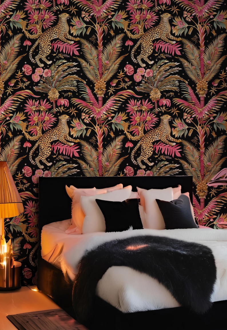 May include: Wallpaper featuring a repeating pattern of leopards, palm trees, and pink flowers on a black background. The design includes detailed illustrations of spotted leopards amidst tropical foliage, vibrant pink fronds, and floral elements.