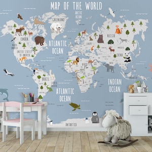 Child Map Wallpaper Peel and Stick Removable Self Adhesive World Map Wall Mural Little Animals Wallpaper Kids Room image 4
