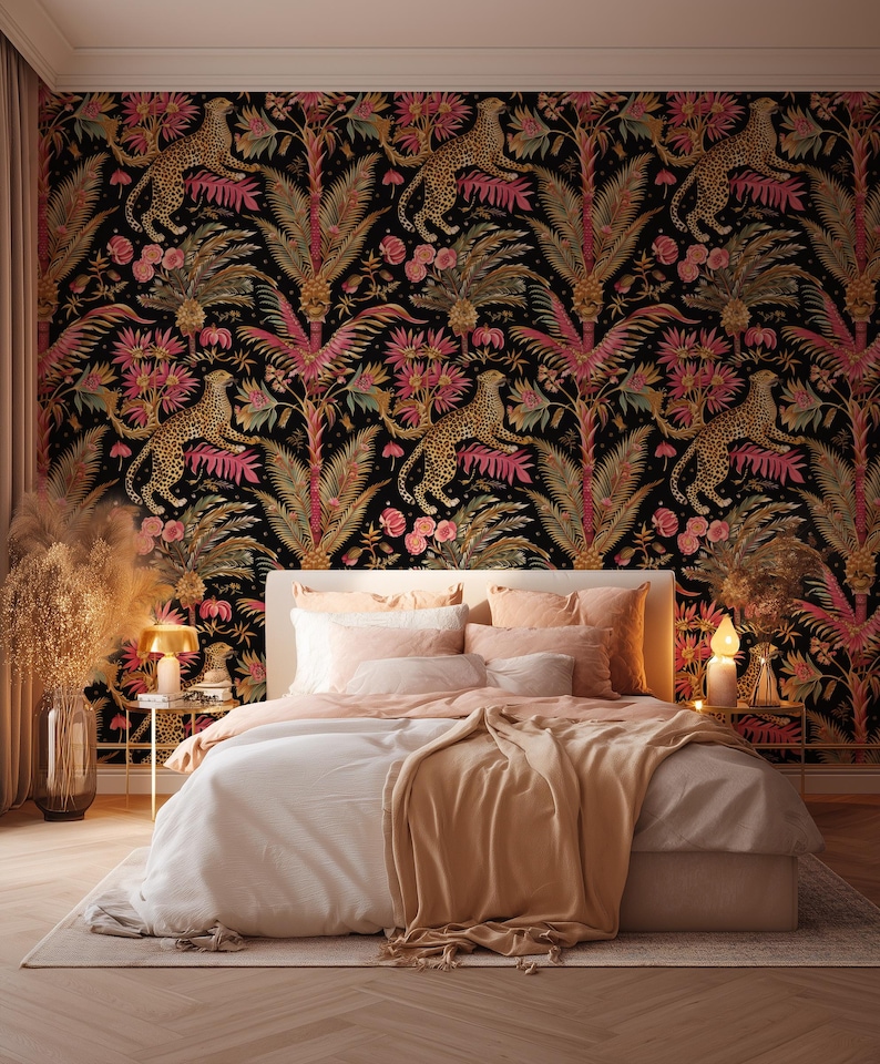 Leopard Jungle Wallpaper, Tropical Floral Wall Mural, Dark Botanical Peel and Stick Wallpaper image 2