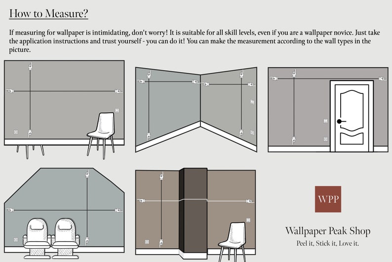 May include: An instructional graphic titled How to Measure? showing six diagrams of walls with horizontal and vertical lines indicated by pointing finger icons to demonstrate how to measure different wall configurations for wallpaper application.