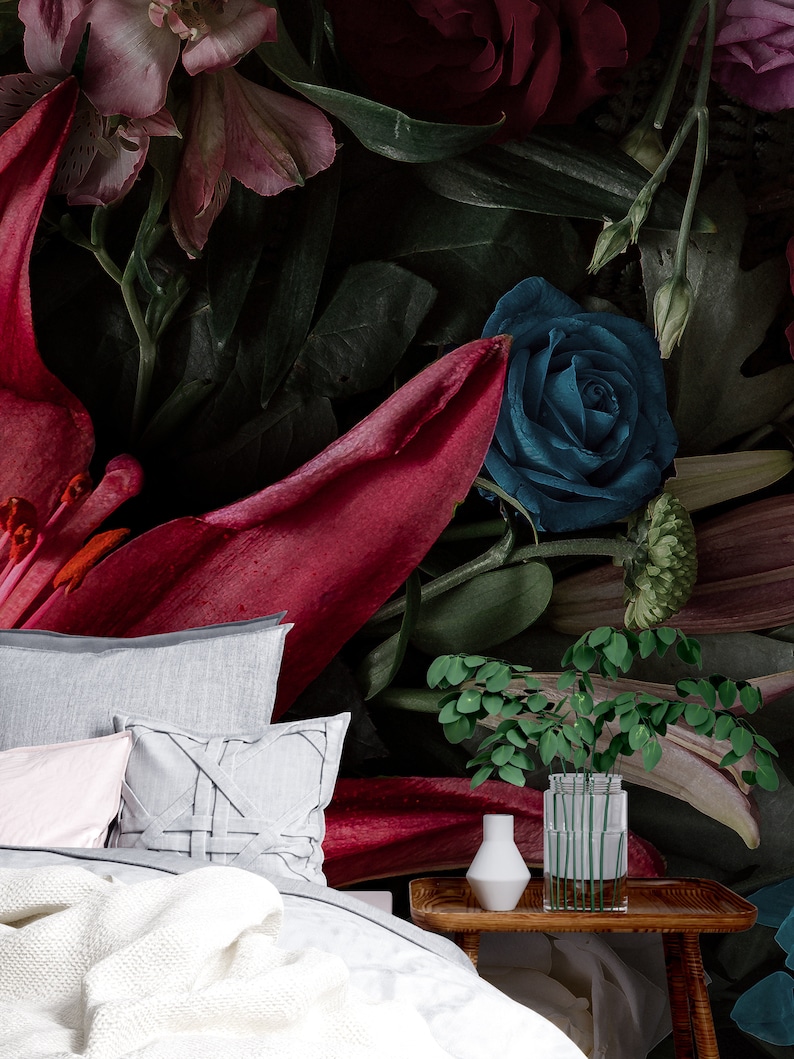 Dark Floral Wallpaper Peel and Stick Spring Flower Wall Etsy