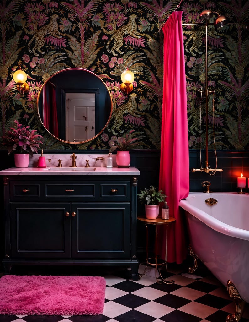 May include: A bathroom with a dark green vanity, a white bathtub, and a pink shower curtain. The walls are covered in a black wallpaper with a jungle pattern. A round mirror hangs above the vanity, and a pink rug sits on the floor.