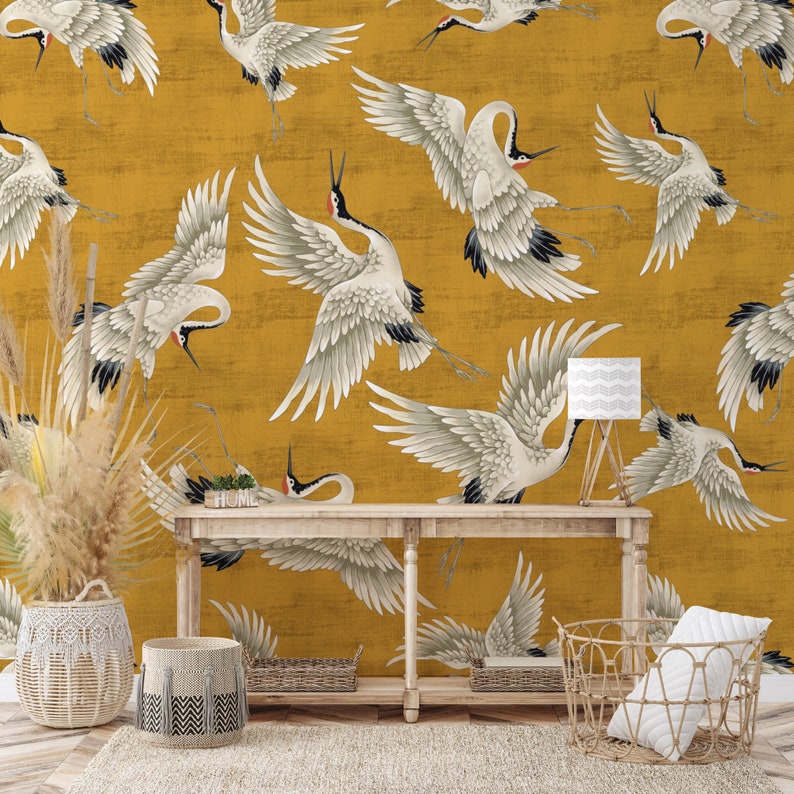 Yellow Crane Birds Wallpaper, Peel and Stick, Vintage Crane Birds Wall Mural, Removable Wallpaper, Chinese Birds Wall Mural, Heron Wallpaper zdjęcie 5