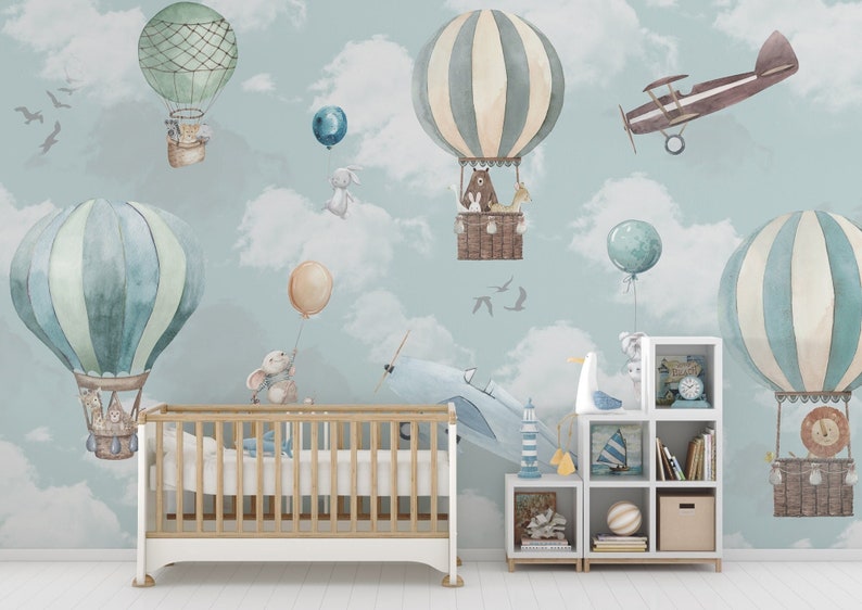 Kids Wallpaper Peel and Stick Kids Animals with Hot Air Balloon Wall Mural image 6