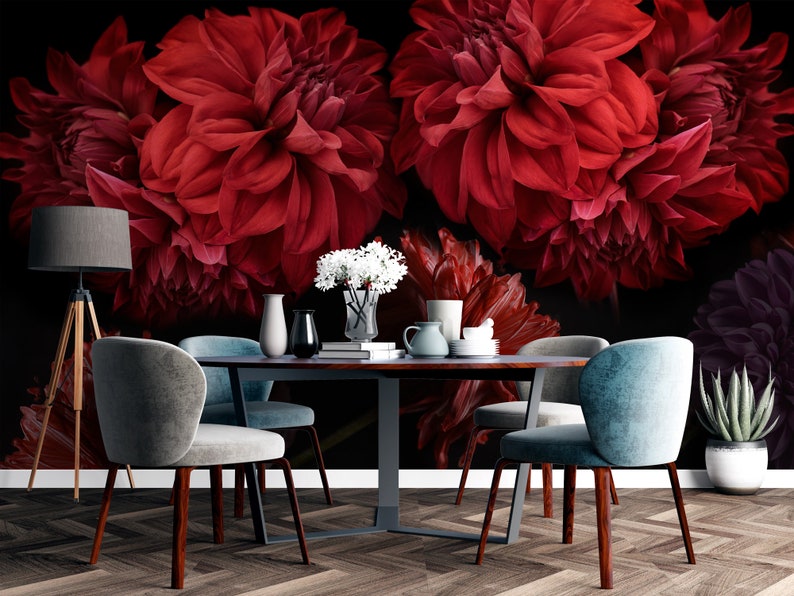 Dramatic Red Floral Wallpaper | Dark Flowers Wall Mural | Removable ...