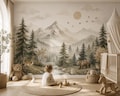 Neutral Mountain Forest Wallpaper | Woodland Nursery Wall Mural | Peel and Stick Kids Wallpaper