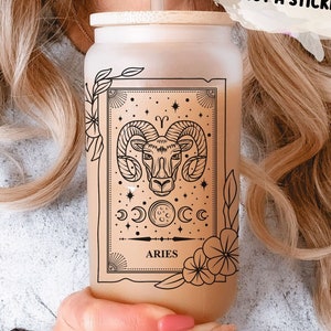 Zodiac Glass Cup Best Friend Gift Idea Celestial Glass Tumbler Astrology Sign Star Sign Glass Tumbler Bamboo lid Glass Can Coffee Mug Custom