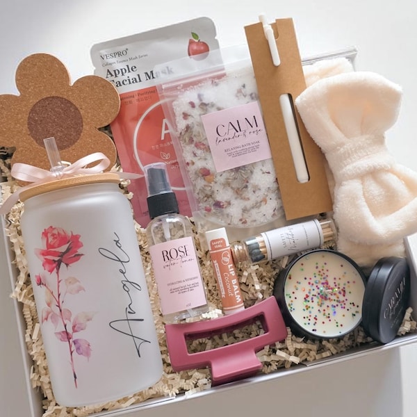 Birth Flower Personalized Glass Cup Birthday Box for Friend Birthday Gift Box Mom Pampering Gift Basket Relaxing Gift Set Custom Name Gift