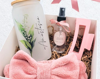 Coffret cadeau personnalisé fleur de naissance soins personnels, coffret cadeau d'anniversaire, tasse en verre, coffret cadeau personnalisé pour maman, gobelet personnalisé avec nom