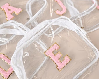 Custom Bachelorette Bag Clear Cosmetic Pouch with Letter Patch Birthday Party Favor Bag Bachelorette Goodies Bag Empty Personalized Makeup