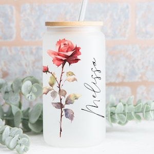 Birth Month Flower Personalized Glass Cup Birthday Flower Custom Tumbler Birth Flower Cup Birthday Cup Gift Name Cup Iced Coffee Glass Can