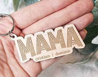 Retro Mama Keychain with Kids Names Personalized Mother's Day Gift Children Name Keepsake for new Mom Custom Gift Idea Kids Name Key Charm