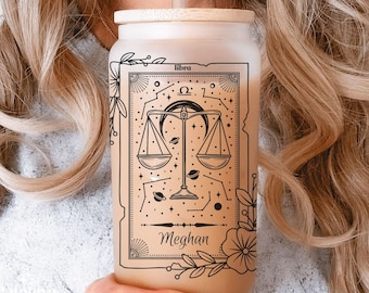 Personalized Zodiac Sign Name Glass Tumbler Best Friend Gift Idea Astrology Glass Cup Celestial Sign Custom Glass Iced Coffee Lover Gift