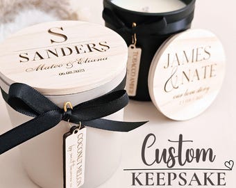 Engagement Gift Candle Custom Last Name Wedding Keepsake Candle Luxury Wooden Lid Engraved Candle Gift Family Name New Couple Anniversary