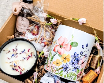 Self Care Gift Box for her Gift Basket Hygge gift box Pampering gift for women bath salt box Self love candle gift lavender gift box hug mug