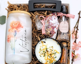 Fleur de naissance, tasse en verre personnalisée, boîte d'anniversaire pour un ami, boîte-cadeau d'anniversaire pour maman, panier-cadeau pour se faire chouchouter, coffret cadeau détente, cadeau prénom personnalisé