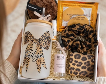 Cheetah Gift Box Sister Birthday Spa Set Personalized Self-Care Basket Sister-in-law Fun Gift Leopard Hamper Gift for Girl Cheetah Glass Cup