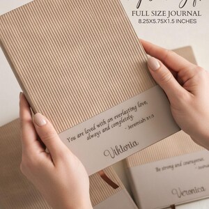 Neutral ribbed personalized Bible verse journal with engraved Jeremiah 31 3 and personalized with name