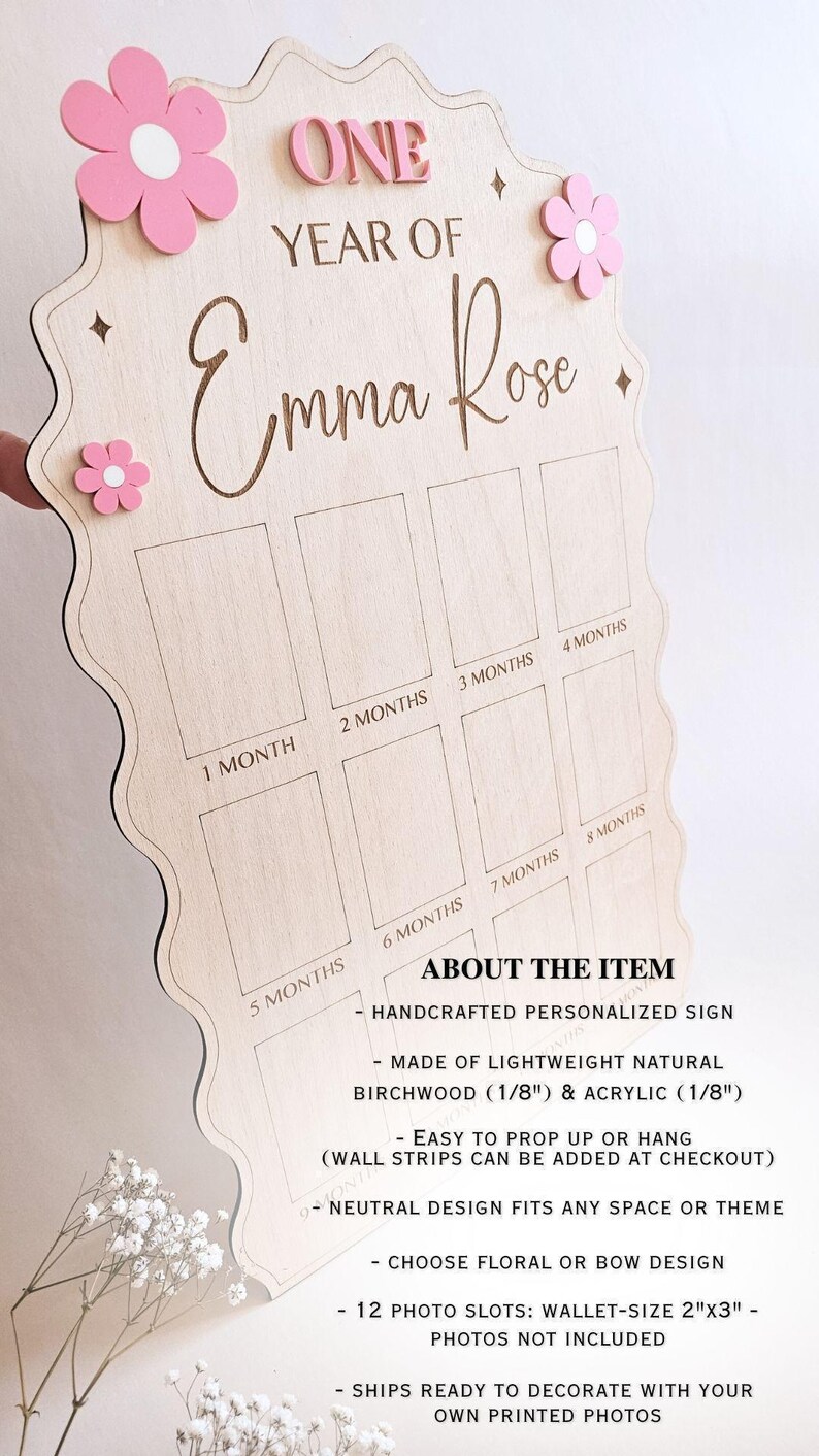 First Year Baby Photo Board Personalized Wooden Milestone Sign Baby Keepsake 12 Month Picture Frame First Birthday Party Christening Decor image 2