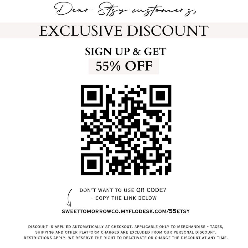 The image is a promotional advertisement for a product, likely a smartphone or tablet, with a QR code and a message encouraging customers to sign up and get a 55% discount.