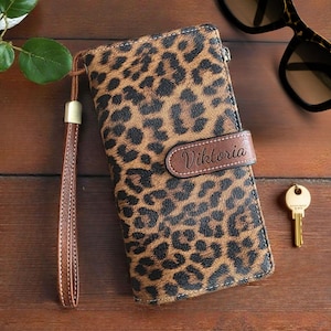 Personalized Women's Wallet with Name Custom PU Leather RFID Blocking Clutch Leopard Print Large Wallet Gift for Friend Wristlet Cow Print