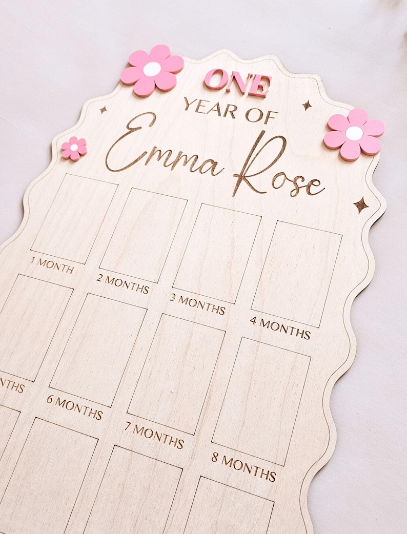 First Year Baby Photo Board Personalized Wooden Milestone Sign Baby Keepsake 12 Month Picture Frame First Birthday Party Christening Decor image 9