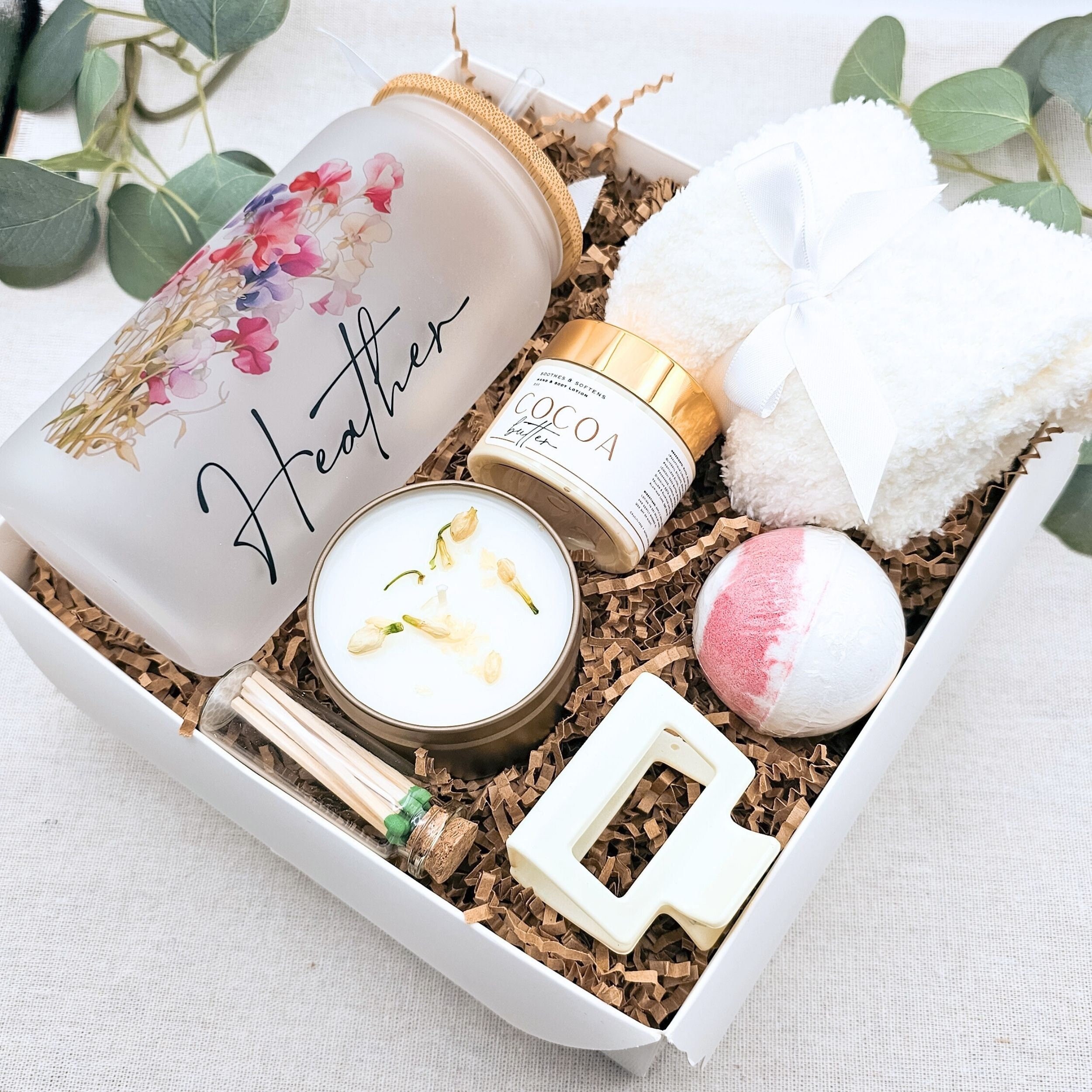 Birthday Gift for Her Personalized Glass Tumbler Birth Month Flower Self Care Basket for Woman Birthday 30 Birthday Gift for Her Friend Gift