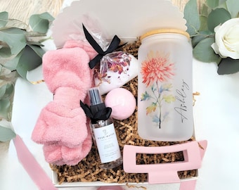 Birthday Spa Gift Personalized Glass Cup Birthday Box for Friend Birthday Gift Box Mom Pampering Gift Basket Relaxing Gift Set Custom Name