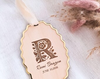 Floral Initial Baby Ornament Personalized Name Date Engraved Wooden Ornament Newborn Gift Baptism Keepsake Nursery Christmas Tree Decoration