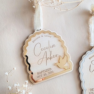 Religious keepsake ornament for boys or girls baptism or dedication, hanging with ribbon.