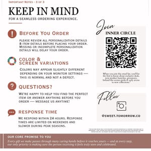 The image is a promotional flyer for a company called "Sweet Tomorrow". It features a color and screen variation, a question and answer section, and a response time section. The flyer emphasizes the company's promise to provide a seamless ordering experience and mentions that every gift makes a difference.