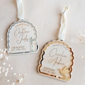 Personalized baptism ornament with gold frame featuring child’s name and date, keepsake Christmas gift.