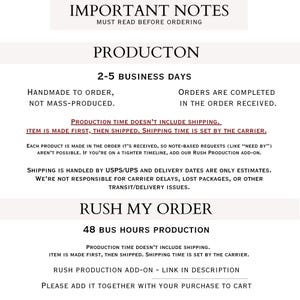 important notes about the production process and rush production, along with a list of items and their corresponding descriptions.