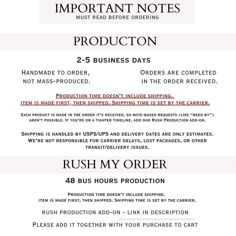 important notes about the production process and rush production, along with a list of items and their corresponding descriptions.