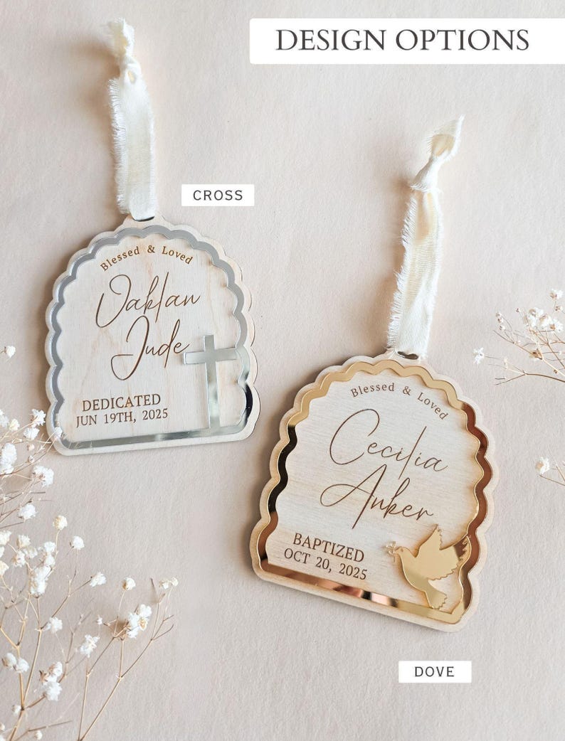 Custom Baptism Ornament for Baby Christening Keepsake Gift to Godson Dedication Sign Christmas Ornament Baptized Kids Faith Milestone Gold image 4