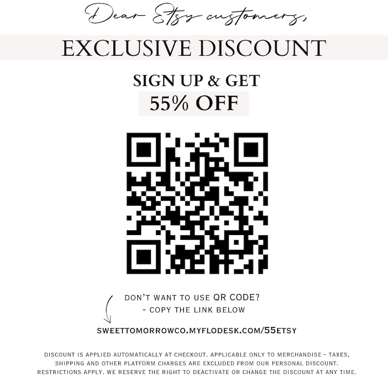 The image is a promotional advertisement for a product, likely a smartphone or tablet, with a QR code and a message encouraging customers to sign up and get a 55% discount.
