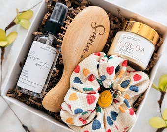 Personalized Tween Self-Care Gift Set Custom Engraved Name Bamboo Hairbrush & Beauty Kit for Teen Girl