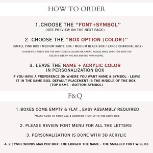 The image is a page with instructions on how to order a box, including choosing a font and symbol, selecting a box option, and personalizing the box with a name and symbol.